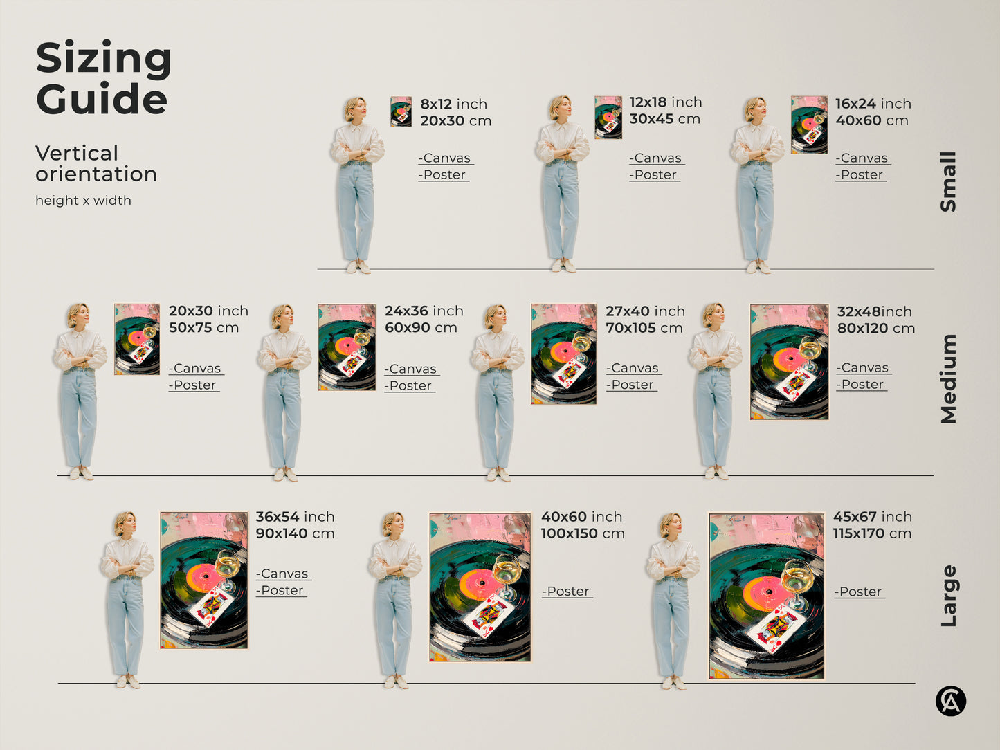 Sizing guide for vertical abstract canvas and poster prints. Visualize artwork dimensions with a model. Available in small medium and large sizes. Find the perfect fit for your space. Teal green and pink vinyl record art. King of Hearts card print.