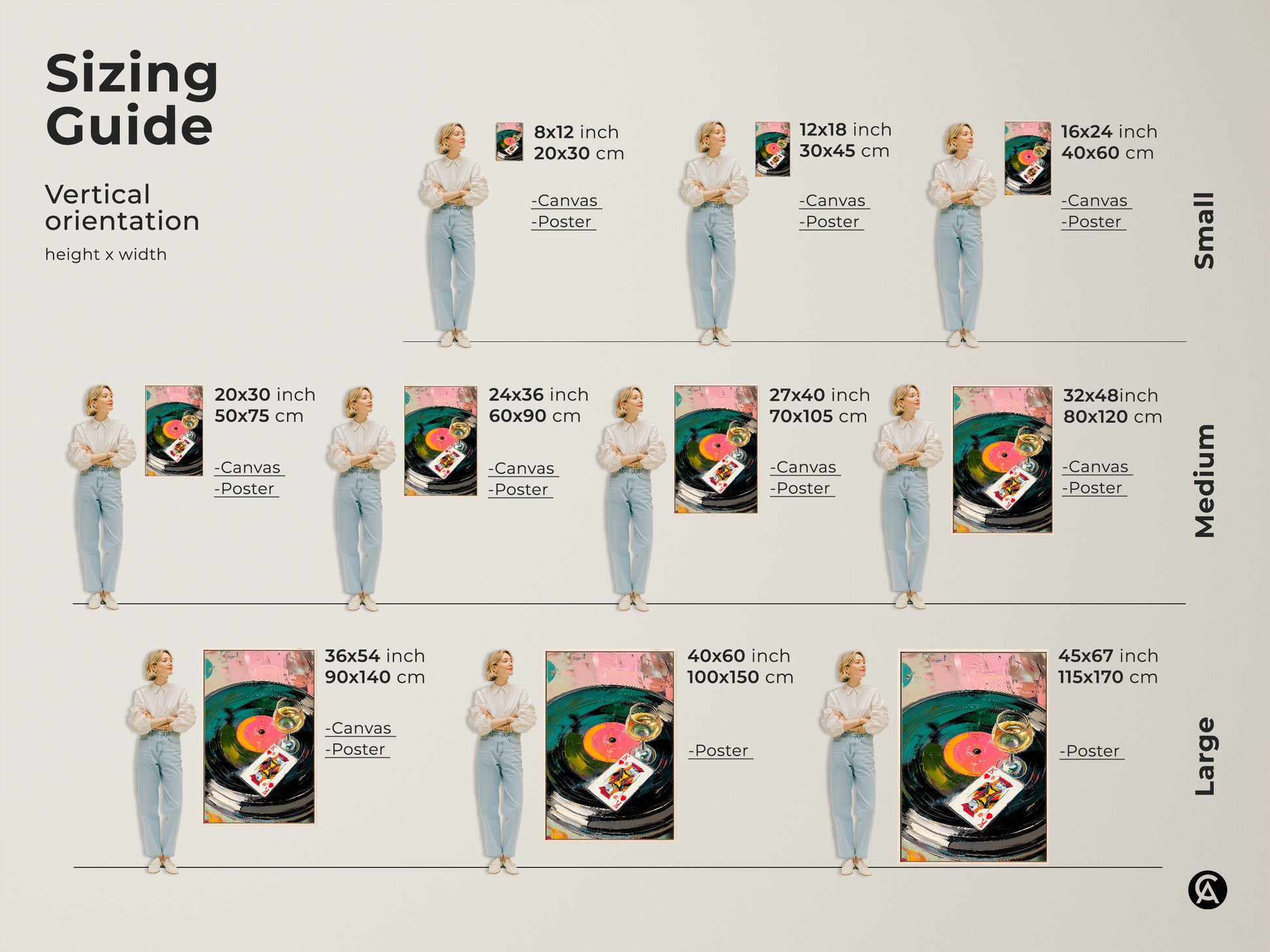 Sizing guide for vertical abstract canvas and poster prints. Visualize artwork dimensions with a model. Available in small medium and large sizes. Find the perfect fit for your space. Teal green and pink vinyl record art. King of Hearts card print.