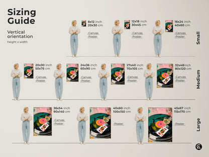 Sizing guide for vertical abstract canvas and poster prints. Visualize artwork dimensions with a model. Available in small medium and large sizes. Find the perfect fit for your space. Teal green and pink vinyl record art. King of Hearts card print.