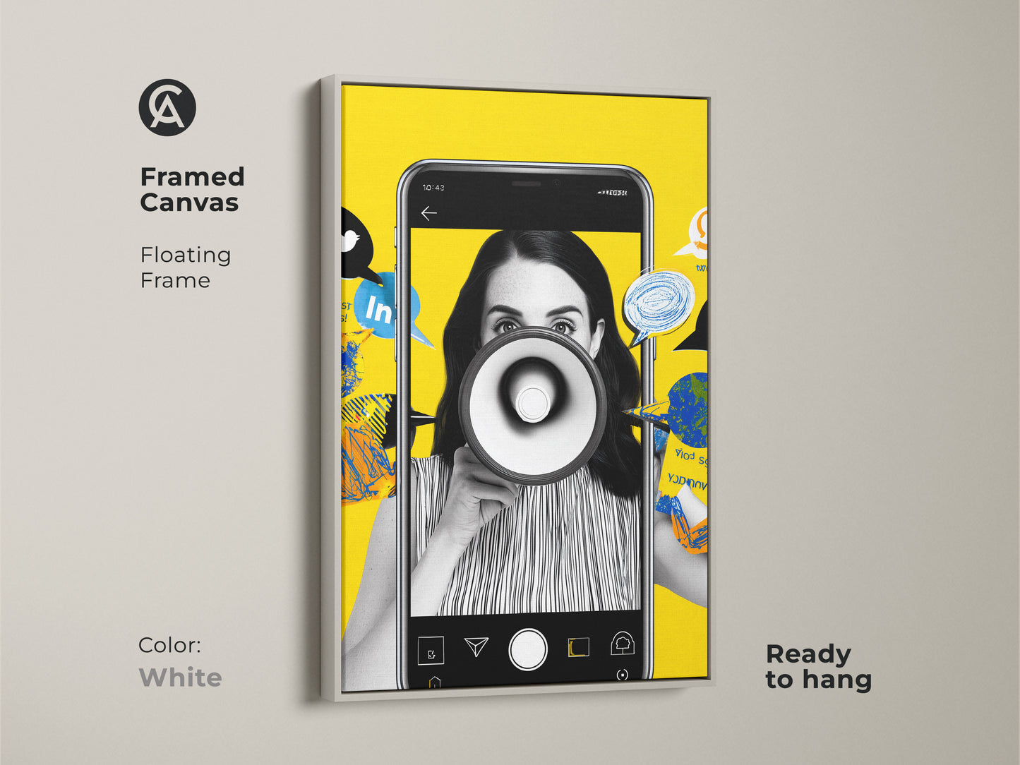 Framed canvas print featuring a social media collage. This artwork has a white floating frame. The piece is ready to hang. The vibrant yellow and black tones make it a striking addition. Perfect for office decor or as a gift for marketing professionals.