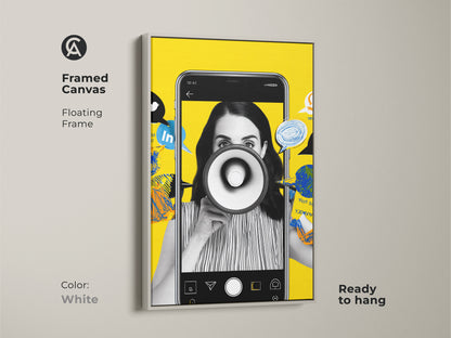 Framed canvas print featuring a social media collage. This artwork has a white floating frame. The piece is ready to hang. The vibrant yellow and black tones make it a striking addition. Perfect for office decor or as a gift for marketing professionals.