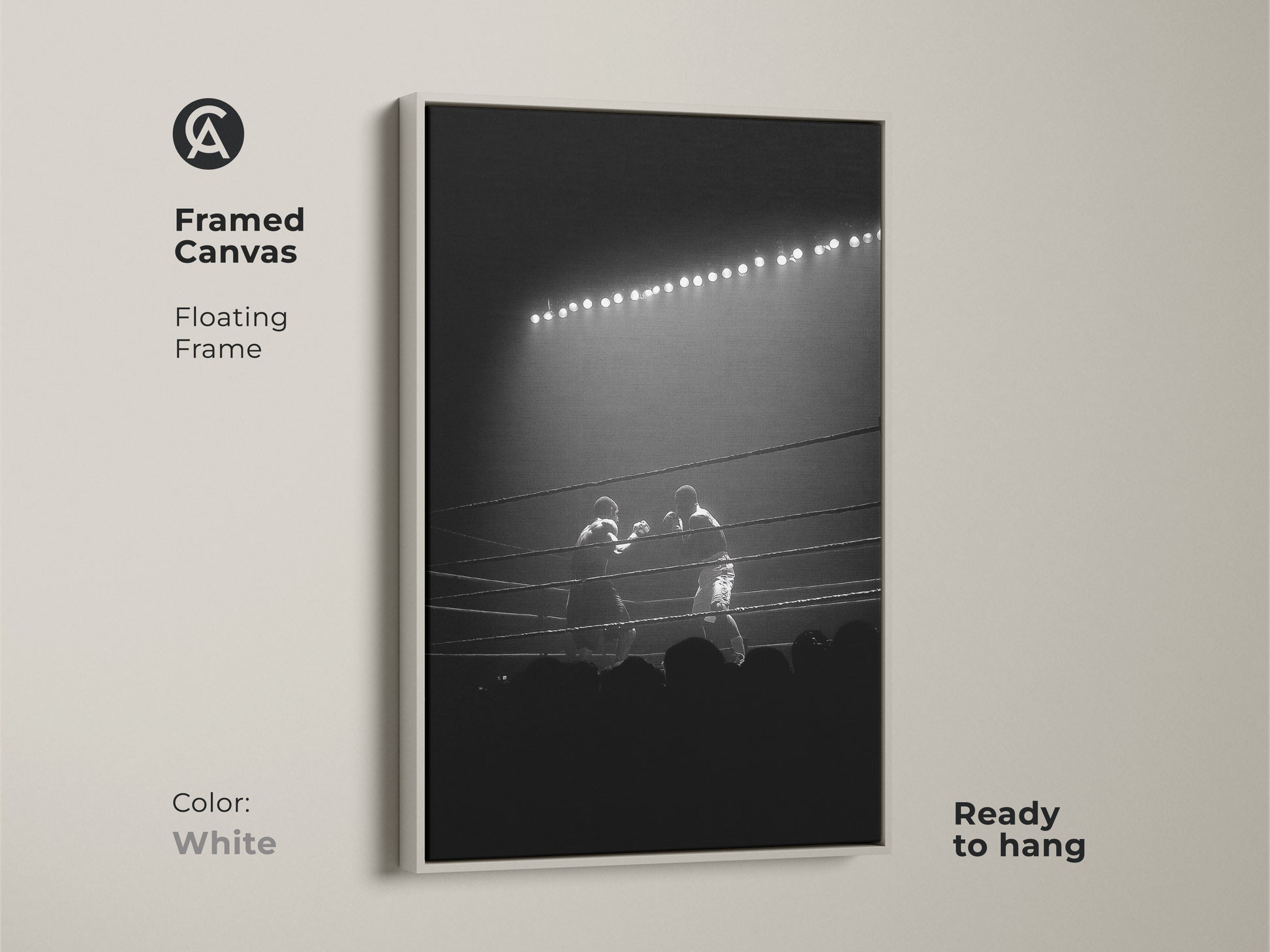 This framed canvas with a white floating frame displays black and white boxing artwork. It arrives ready to hang. A perfect piece of gym motivation artwork or a cool man cave addition.