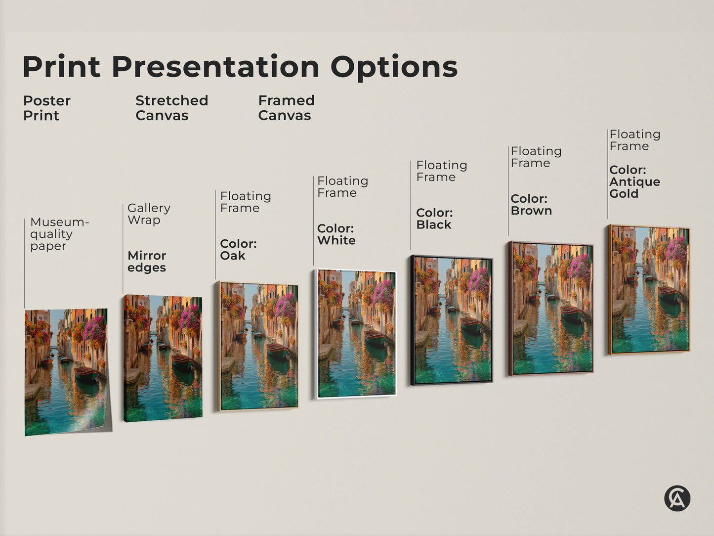Explore Venice canal art print presentation options. Museum-quality paper. Stretched canvas. Framed canvas in various colors. Find the perfect piece for your travel-inspired decor today.