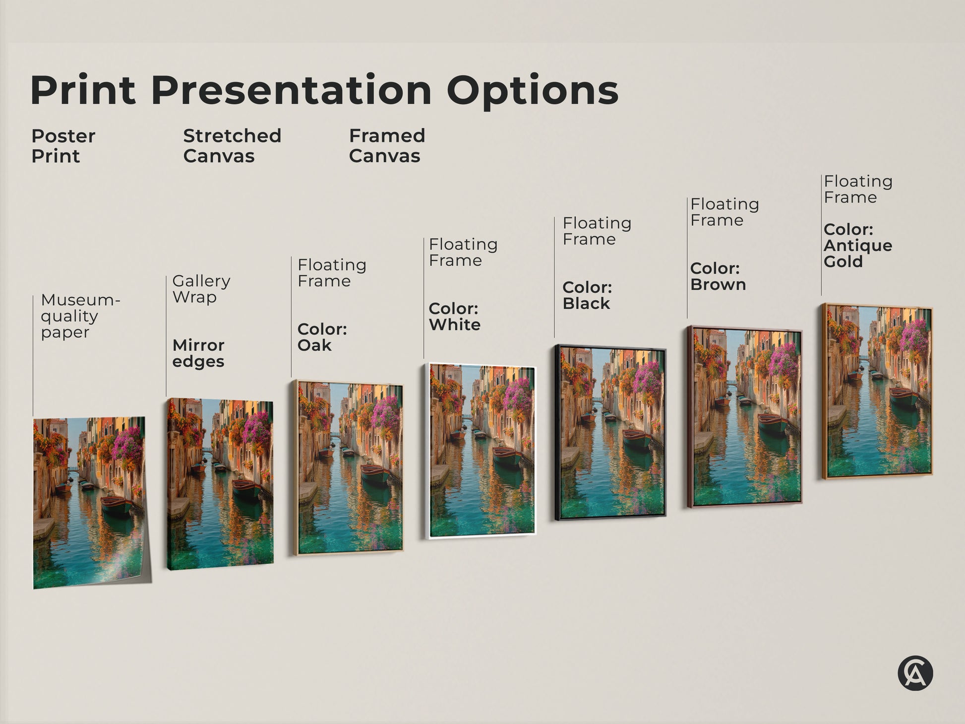 Explore Venice canal art print presentation options. Museum-quality paper. Stretched canvas. Framed canvas in various colors. Find the perfect piece for your travel-inspired decor today.