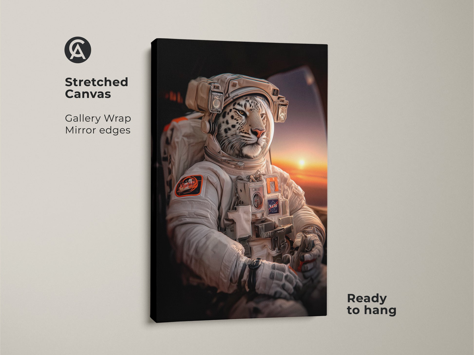 A stretched canvas features a white leopard astronaut print. The gallery wrap has mirror edges. It's a contemporary animal art piece ready to hang. This surreal space animal artwork adds futuristic touch to modern home decor. It blends space exploration with imaginative charm.