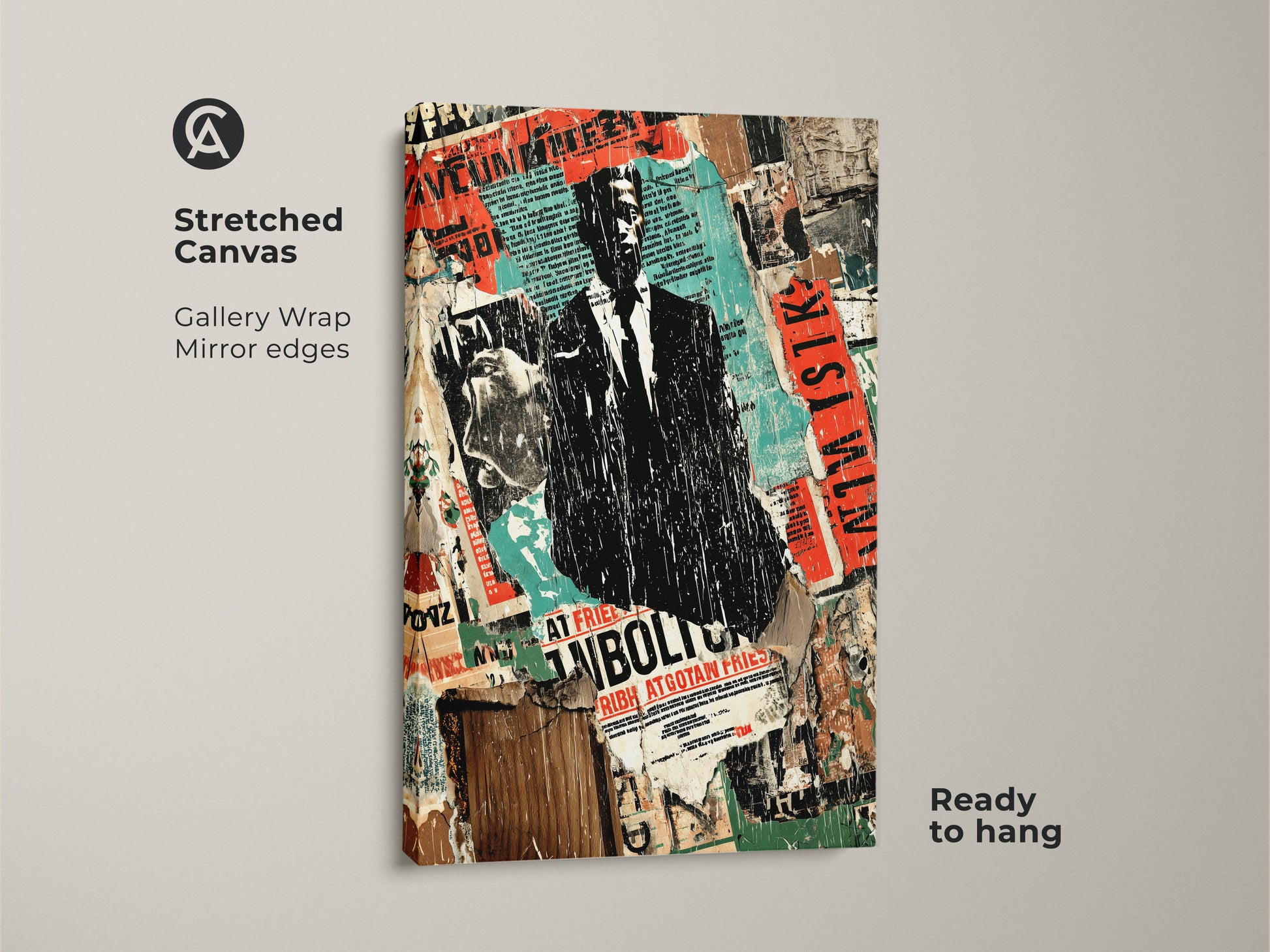 Stretched canvas featuring a Man in Suit torn posters. This urban art collage print showcases an industrial office wall art style. The street art figurative piece uses black red and teal colors. This gritty modern artwork is ready to hang.