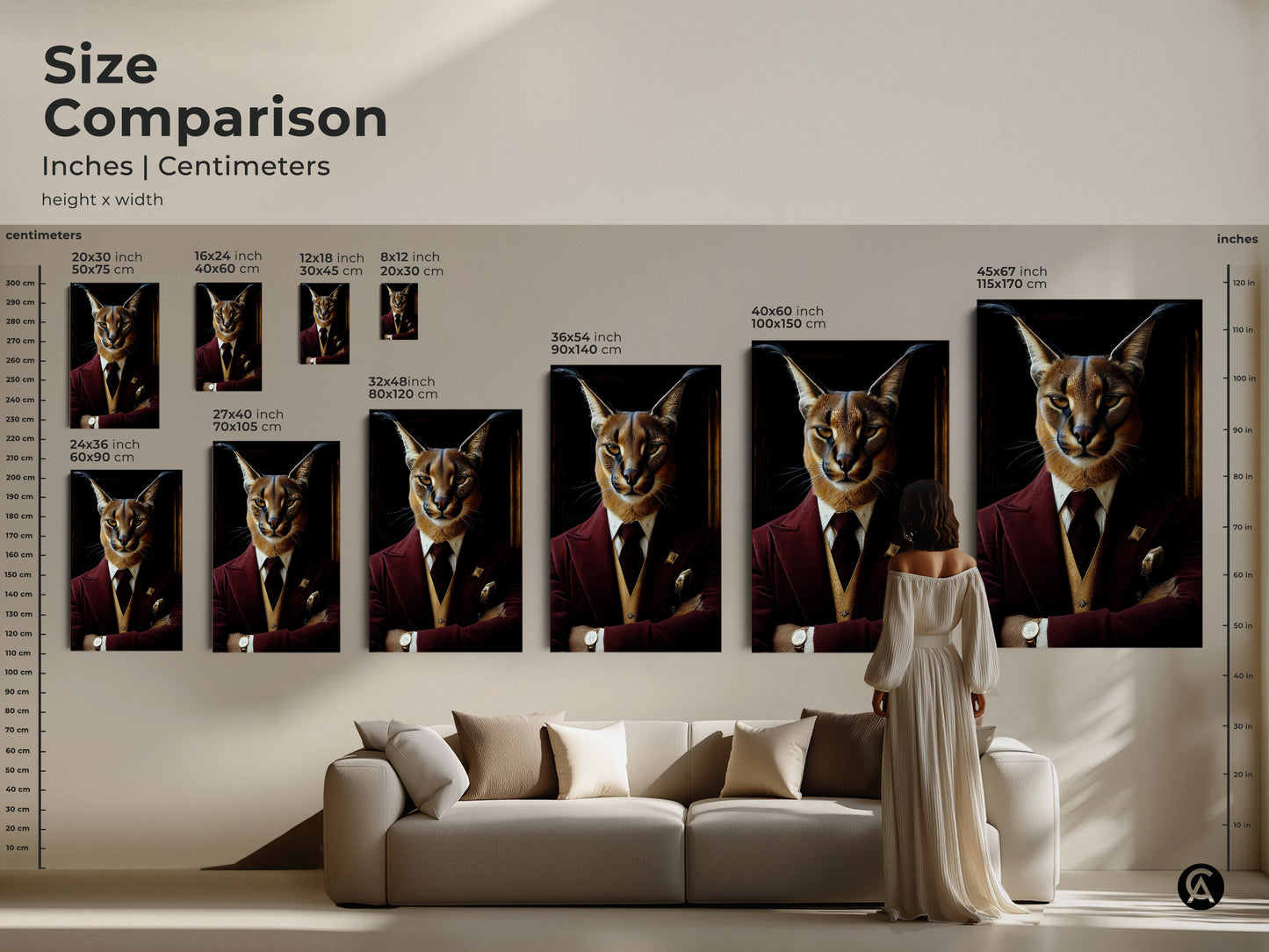Size Comparison Guide: Caracal in Burgundy Tuxedo Art. Available in various sizes in inches and centimeters. A woman stands near a sofa to show the scale of the artwork. Visualize this dapper cat print in your living room. Find the perfect size for your space.
