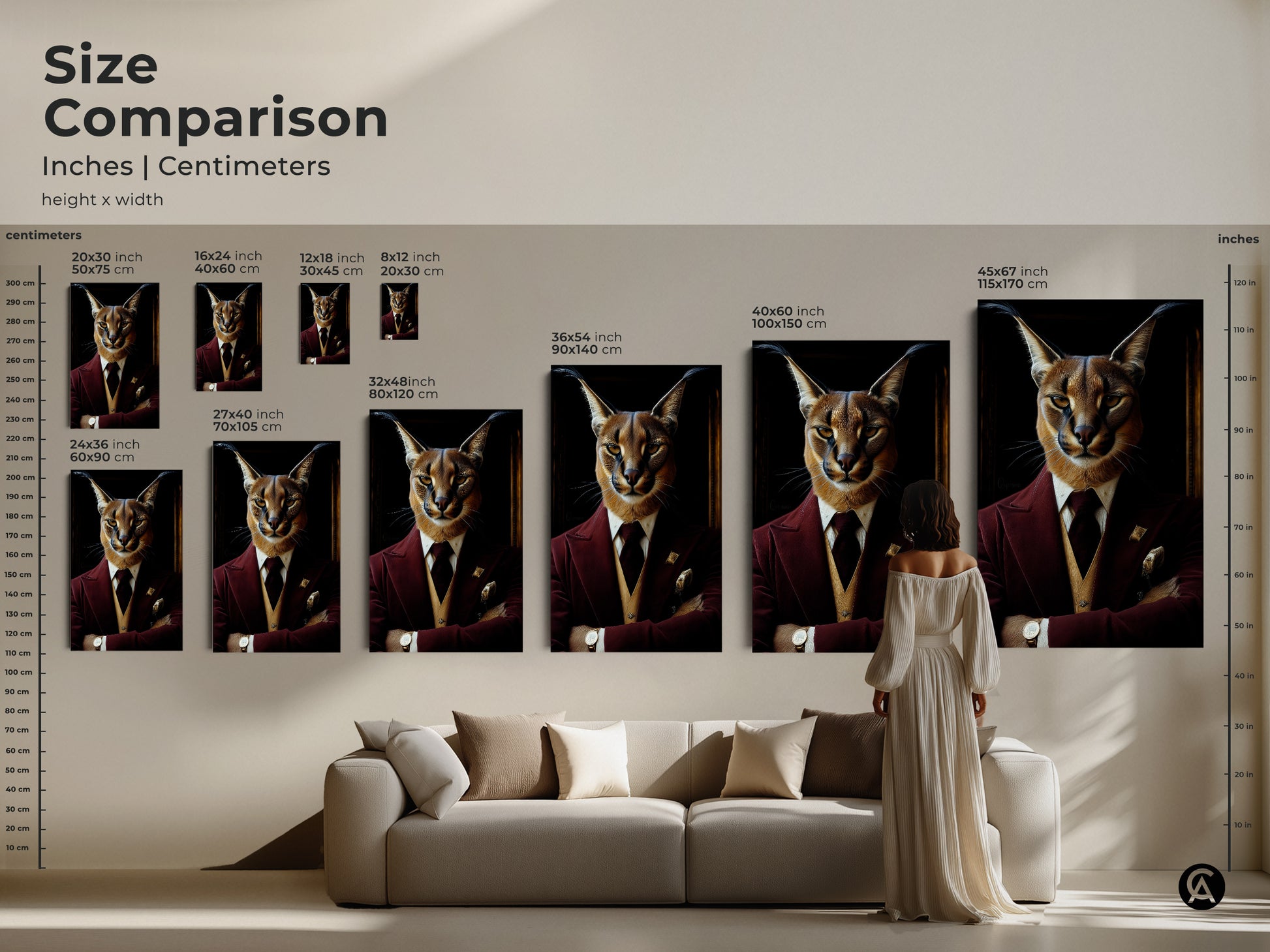 Size Comparison Guide: Caracal in Burgundy Tuxedo Art. Available in various sizes in inches and centimeters. A woman stands near a sofa to show the scale of the artwork. Visualize this dapper cat print in your living room. Find the perfect size for your space.