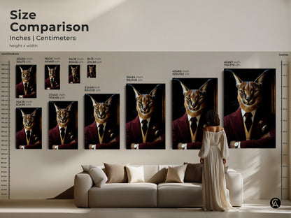 Size Comparison Guide: Caracal in Burgundy Tuxedo Art. Available in various sizes in inches and centimeters. A woman stands near a sofa to show the scale of the artwork. Visualize this dapper cat print in your living room. Find the perfect size for your space.