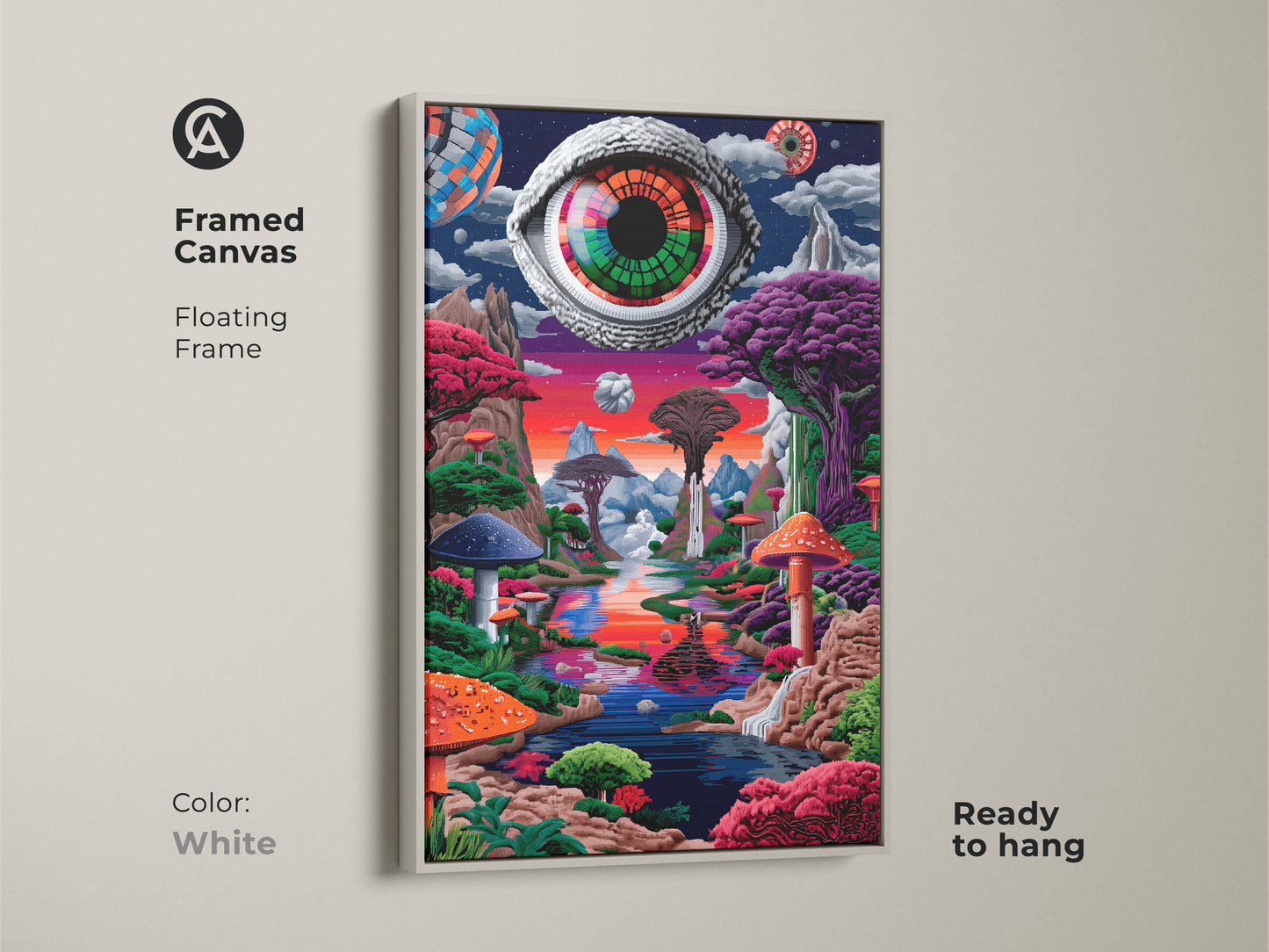 Framed canvas art print of Eye See You with a white floating frame. This surreal artwork features a giant eye overlooking a vibrant mushroom landscape. Ready to hang this framed canvas adds a clean touch to your wall decor. A psychedelic art piece.