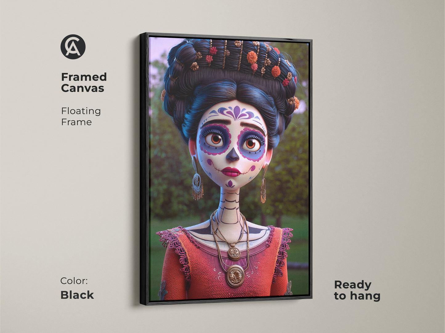 Black framed canvas of Mexican Sugar Skull art. The Dia de Muertos artwork floats in a sleek black frame. Ready to hang cultural portrait with vibrant orange and purple hues. Elevate your living room with this festive Mexican decor.