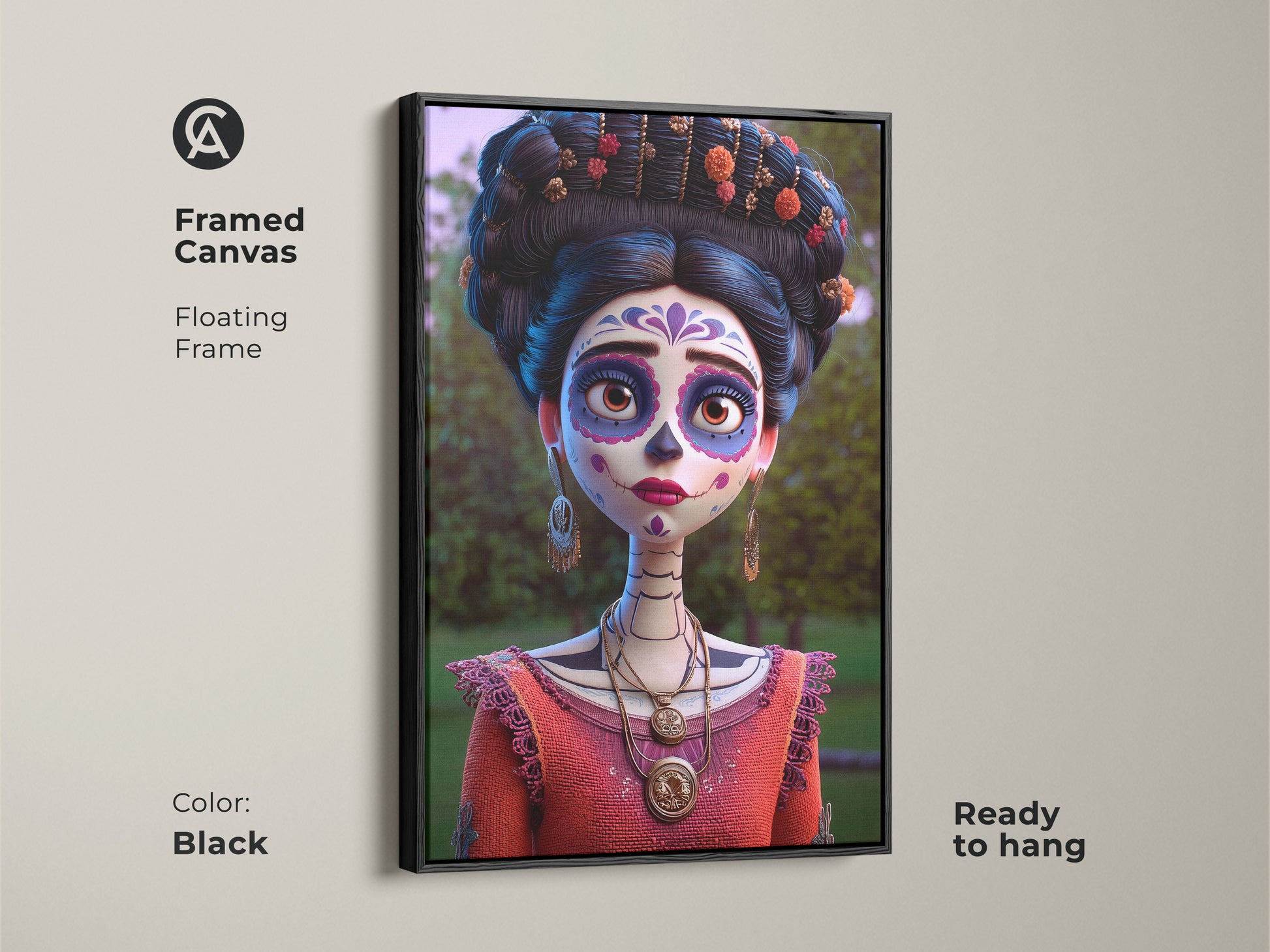Black framed canvas of Mexican Sugar Skull art. The Dia de Muertos artwork floats in a sleek black frame. Ready to hang cultural portrait with vibrant orange and purple hues. Elevate your living room with this festive Mexican decor.