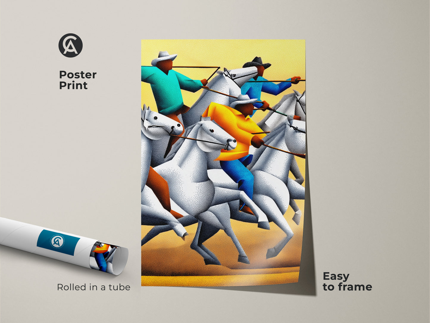 Eclectic stippled figurative western horse rider wall art print is shown rolled in a tube. The museum-quality paper is easy to frame. This animal action artwork features horses and riders. It is a unique western gift idea for a horse lover. The yellow teal orange art print is a modern touch.