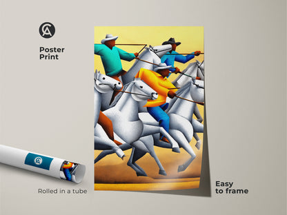 Eclectic stippled figurative western horse rider wall art print is shown rolled in a tube. The museum-quality paper is easy to frame. This animal action artwork features horses and riders. It is a unique western gift idea for a horse lover. The yellow teal orange art print is a modern touch.
