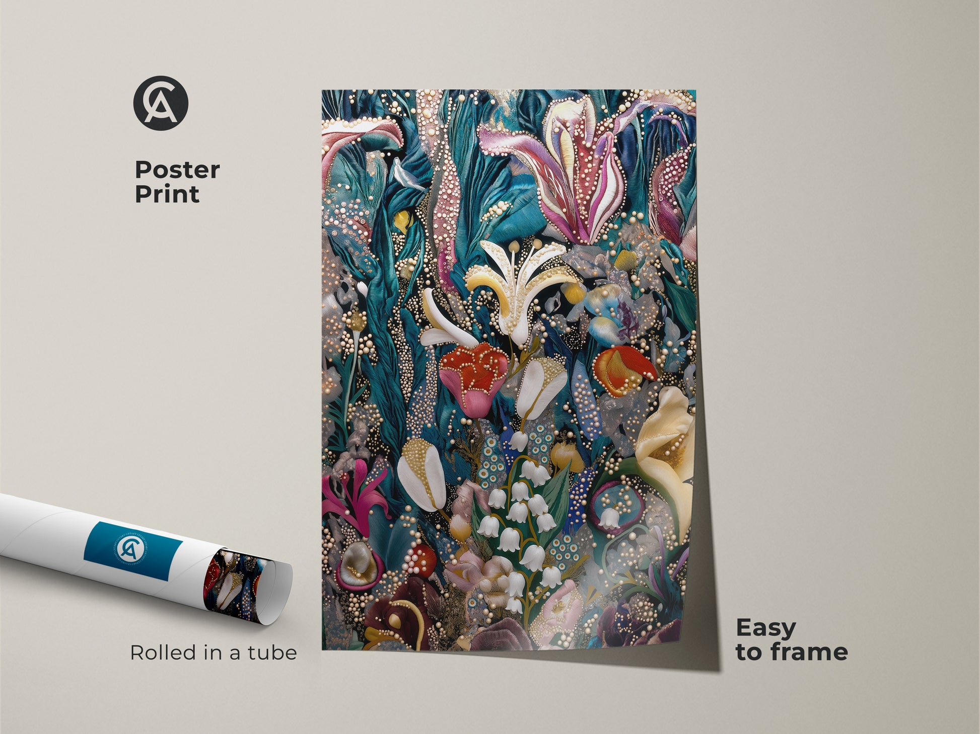 A poster print of surreal botanical art rolled in a tube. This fantasy floral artwork features Lily of the Valley and Tulips. The deep green pink and teal colors make it a unique home decor. Easy to frame this print is perfect for plant lovers.