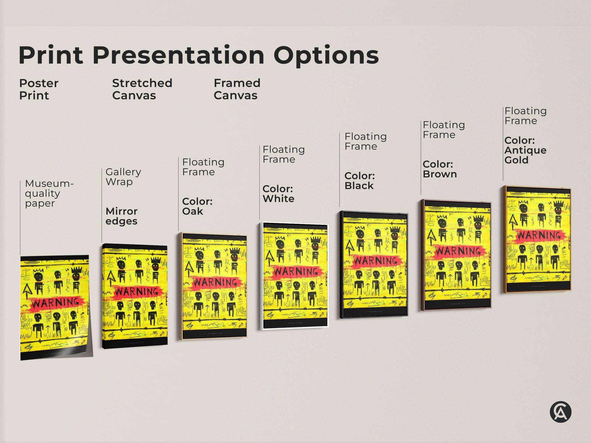 Explore print presentation options for neo-expressionism wall art. See poster prints stretched canvas and framed canvas options. Yellow black abstract graffiti canvas is available. Choose museum-quality paper or gallery wrap. Find the perfect fit for your office decor or eclectic home.