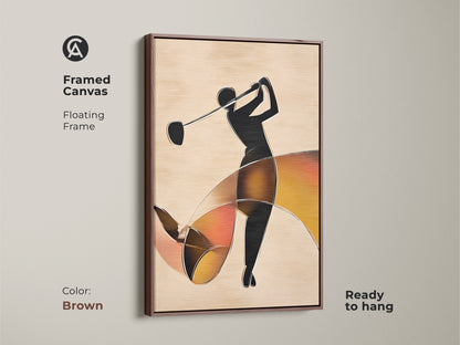 Framed canvas art in a brown floating frame. Golfer silhouette shown. Contemporary art for a modern man cave decor. Ideal gift for the golf enthusiast who appreciates modern art.