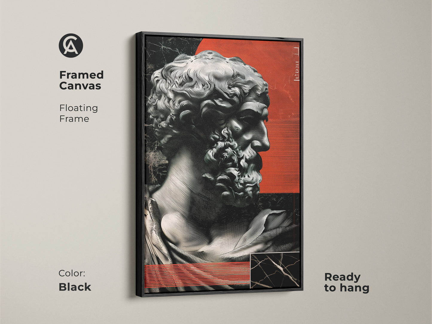 Framed in black this canvas features red abstract sculpture wall art. The marble bust print adds a touch of contemporary classical art. Its eclectic style enhances study room or office decor.