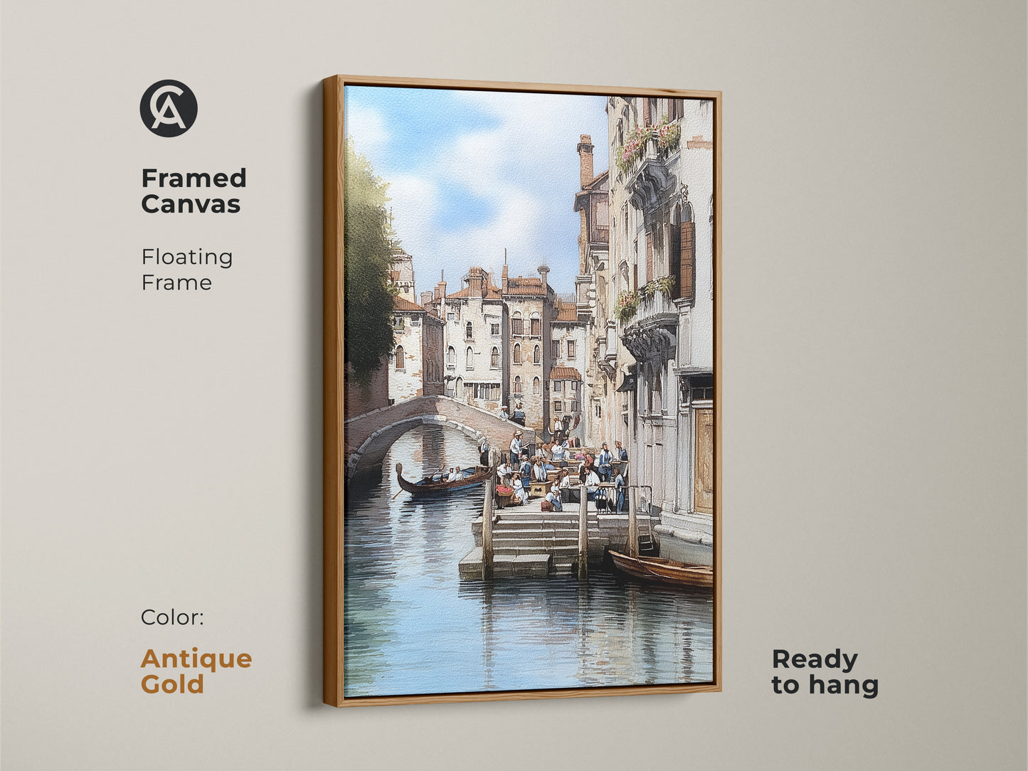 Framed canvas art in antique gold featuring a Venice canal. The floating frame is ready to hang. This Italian architecture art showcases a traditional cityscape with a gondola boat. A perfect housewarming gift for travel lovers seeking classic Italian decor and elegant home decor.