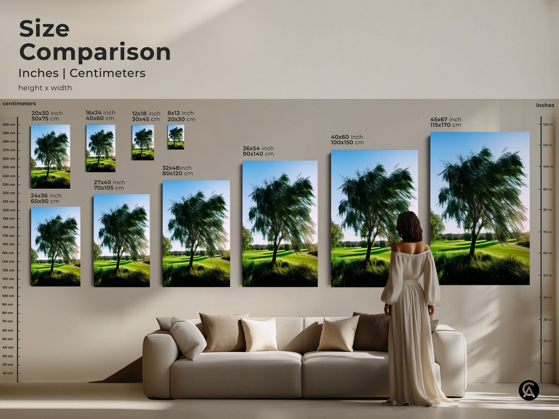Size comparison of golf course canvas art prints. Visualize inches and centimeters for various heights and widths. See how the tree nature photography fits above a sofa perfect for any room.