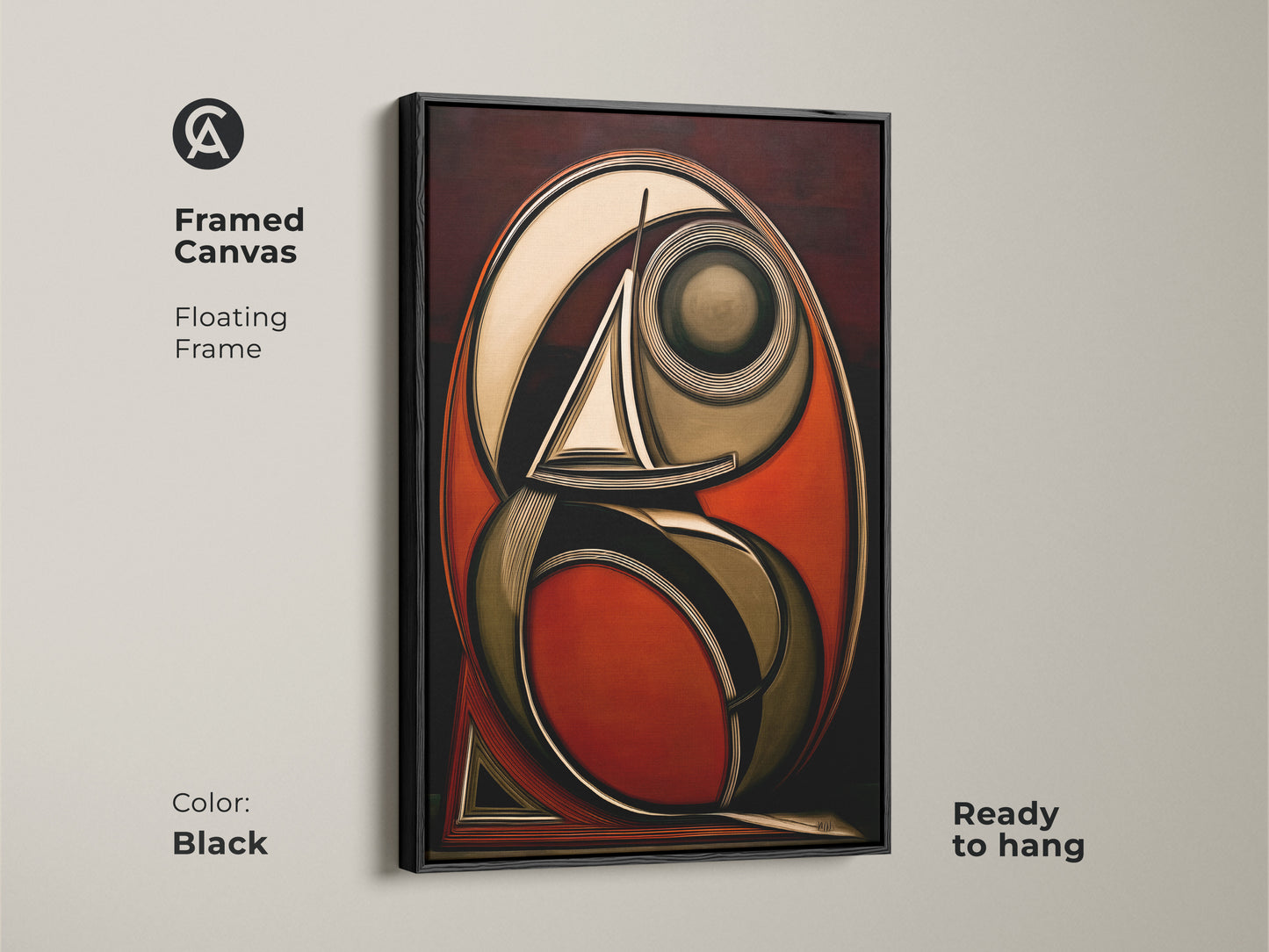 Framed canvas with floating frame showcasing geometric sailboat art. The black frame complements the rust red dark brown and gold tones of this nautical abstract wall art. Perfect for office decor or eclectic home art.