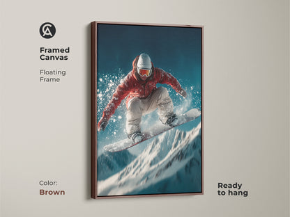 Framed canvas featuring a snowboarder in mid-air is ready to hang. The warm brown floating frame complements this dynamic winter sports art. It's ideal for adding a cozy yet adventurous touch to any interior space.