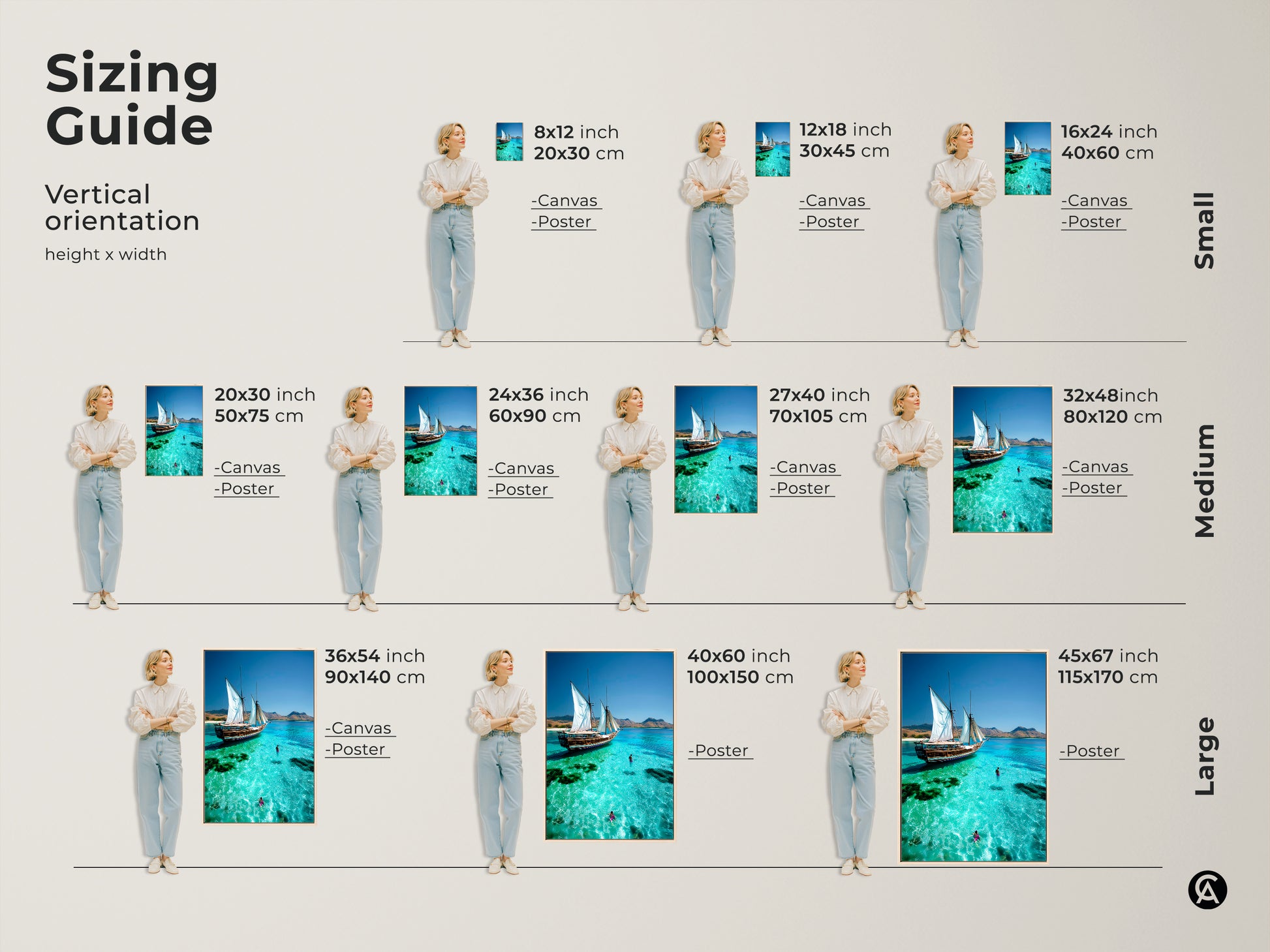 Find the perfect size with our Coastal Wall Art sizing guide. Vertical orientation options include canvas and poster prints. Choose from small medium and large sizes. Each piece features a serene sailboat scene with turquoise waters bringing a touch of coastal beauty to your space. Various dimensions are available.