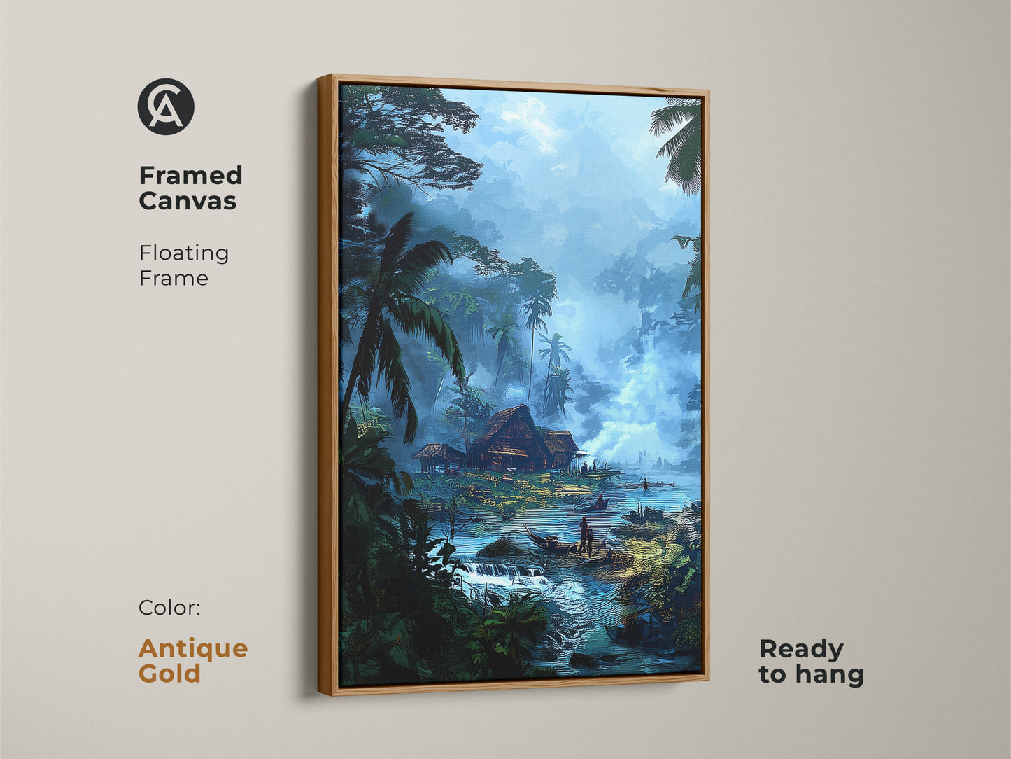 Antique gold framed canvas art captures a tropical village. The ready-to-hang piece features deep blue and emerald green colors. This bohemian artwork displays huts and canoes. Ideal for travel enthusiasts.