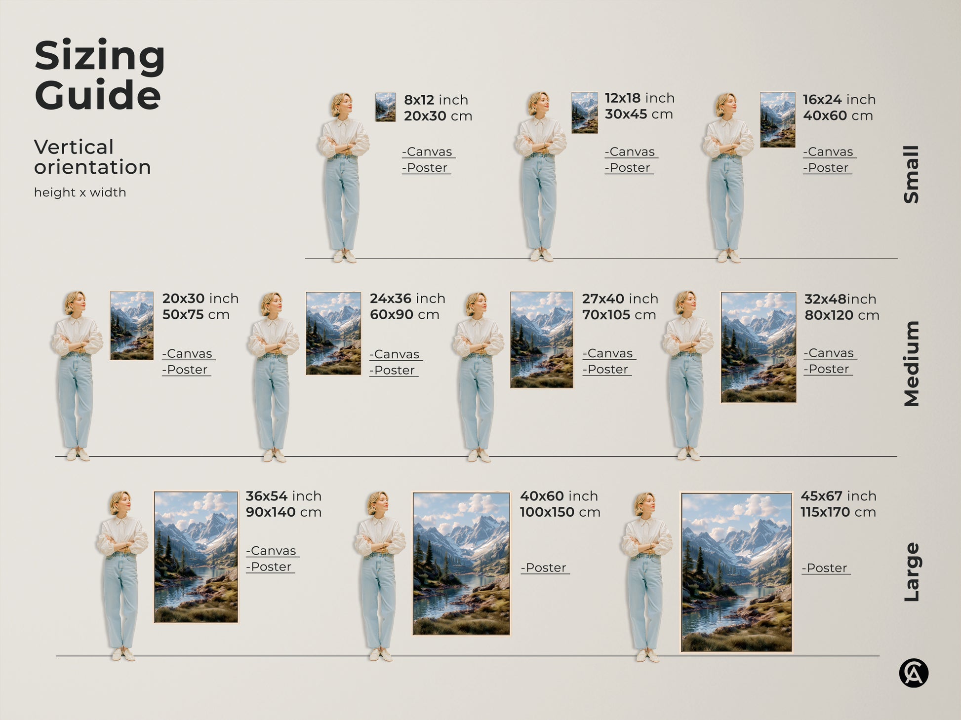 Sizing guide for vertical mountain lake artwork. Available in small medium and large sizes. Choose from canvas or poster prints. Find the perfect fit for your space. Enhance your home decor with stunning landscape art. Transform any room with this beautiful wall art.