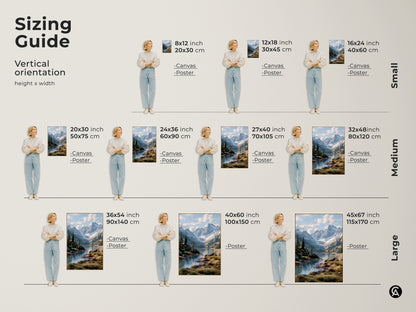 Sizing guide for vertical mountain lake artwork. Available in small medium and large sizes. Choose from canvas or poster prints. Find the perfect fit for your space. Enhance your home decor with stunning landscape art. Transform any room with this beautiful wall art.