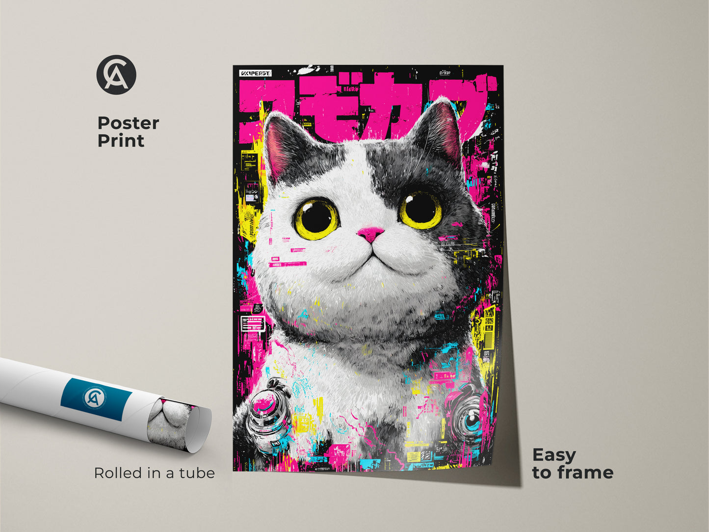 This poster print features a cute cat with bright yellow eyes and cyberpunk flair. The poster is rolled in a tube for easy framing. It's a simple way to add a pop of color and modern feline artwork to your home.