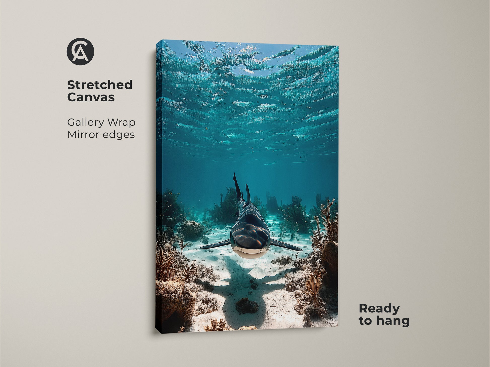 Stretched canvas art featuring a realistic shark underwater. The coastal ocean wall art showcases blue teal coral reef. This wildlife artwork is ready to hang. It is a perfect gift for marine life enthusiasts and adds a touch of deep sea art to any space.