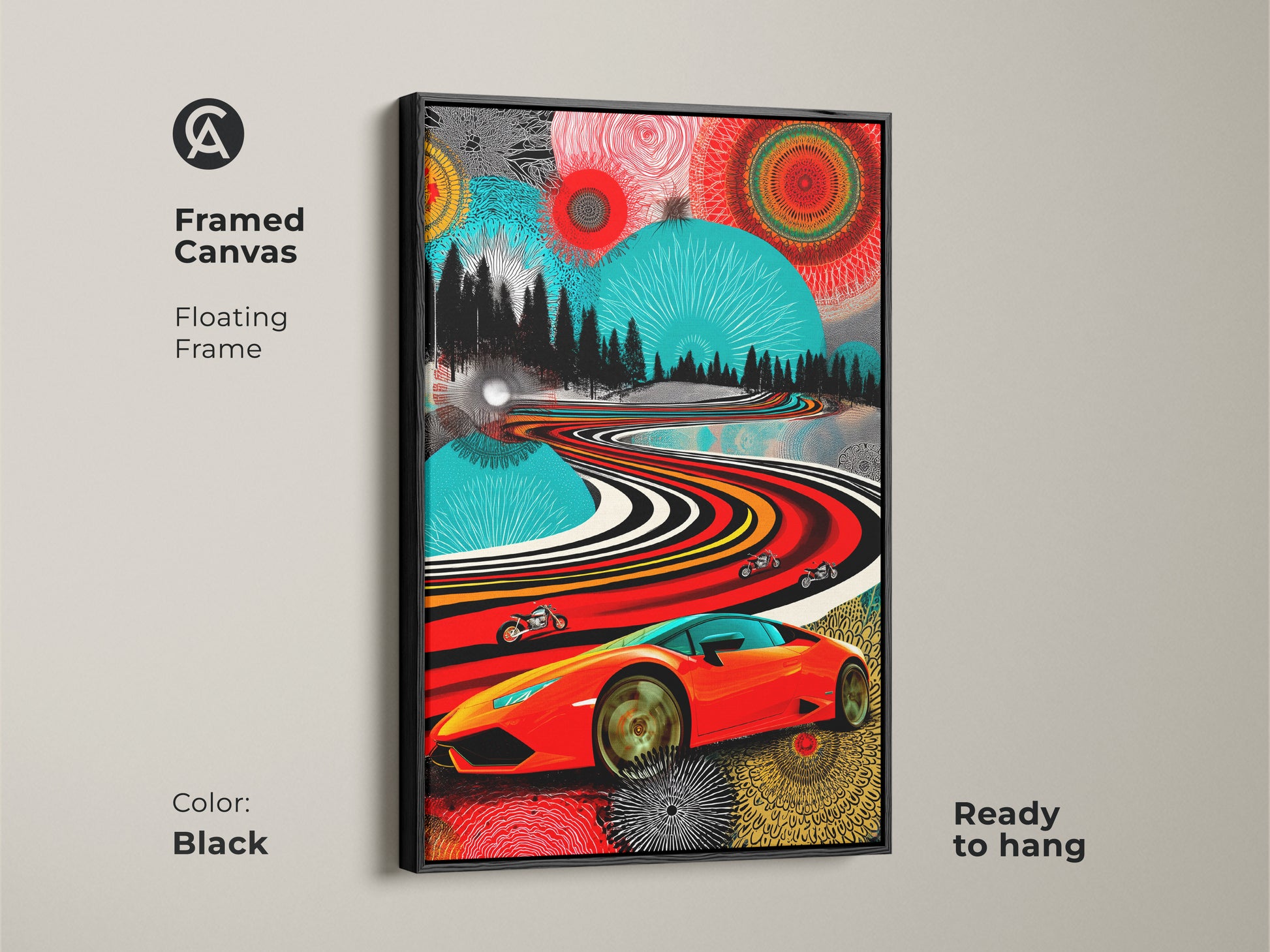 Framed canvas art featuring a floating black frame. Pop art landscape with a red sports car and motorcycles. It's ready to hang in any room. This abstract sports car artwork is perfect as garage wall decor. Enhance your office artwork.