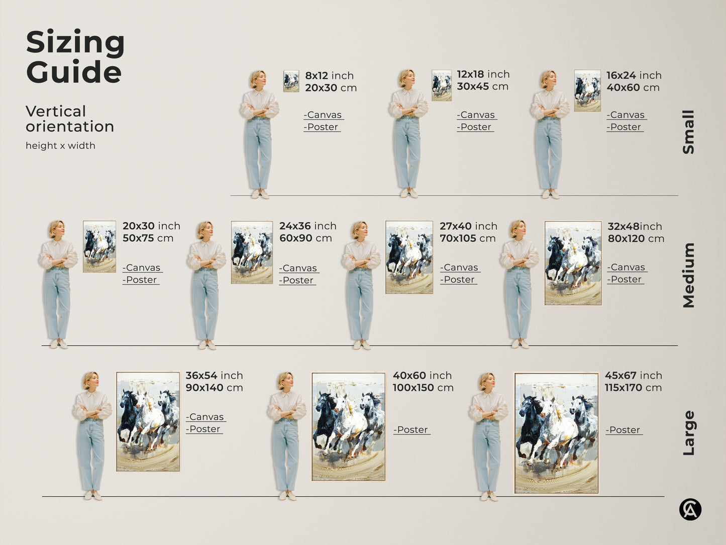 Sizing guide for vertical orientation of galloping horses artwork. Canvas and poster print options available in small medium and large sizes. Black white and gray impressionistic animal nature artwork. Find the perfect fit for your space. Bring dynamic equine art to your home. Ideal for eclectic decor and horse lovers.