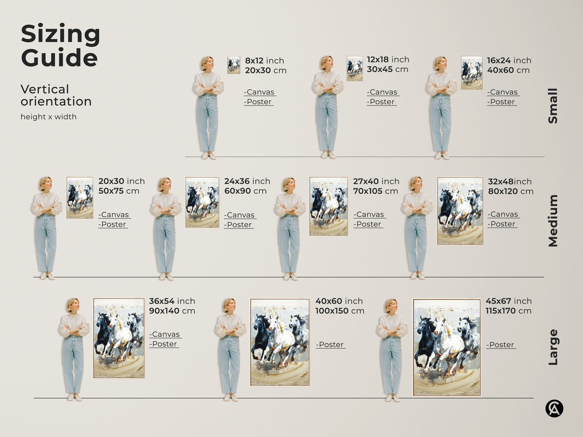 Sizing guide for vertical orientation of galloping horses artwork. Canvas and poster print options available in small medium and large sizes. Black white and gray impressionistic animal nature artwork. Find the perfect fit for your space. Bring dynamic equine art to your home. Ideal for eclectic decor and horse lovers.