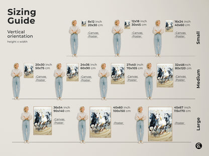 Sizing guide for vertical orientation of galloping horses artwork. Canvas and poster print options available in small medium and large sizes. Black white and gray impressionistic animal nature artwork. Find the perfect fit for your space. Bring dynamic equine art to your home. Ideal for eclectic decor and horse lovers.