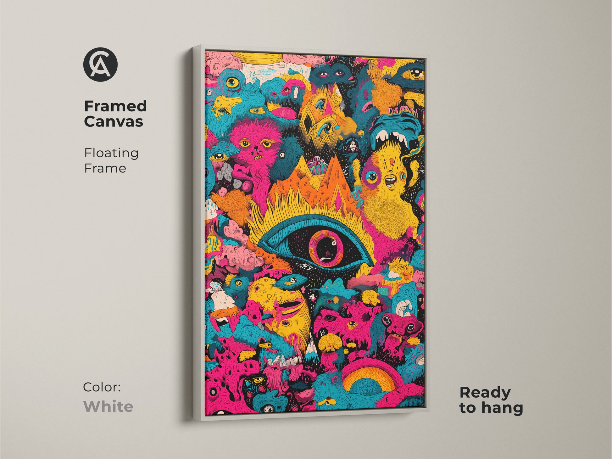 White framed canvas print of psychedelic monster art. The artwork features a central eye and bizarre creatures. Ready to hang this floating frame adds a touch of modern to any room. A bold statement piece for art enthusiasts.