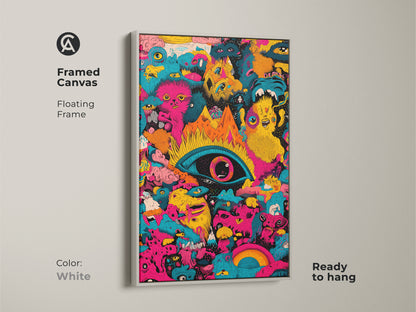 White framed canvas print of psychedelic monster art. The artwork features a central eye and bizarre creatures. Ready to hang this floating frame adds a touch of modern to any room. A bold statement piece for art enthusiasts.