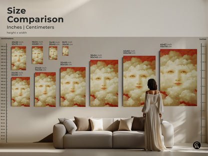 Close-up of a surreal face cloud painting. The artwork features gold accents and cream cloudscapes. It is a unique wall art for the living room. This art is modern and dreamy.