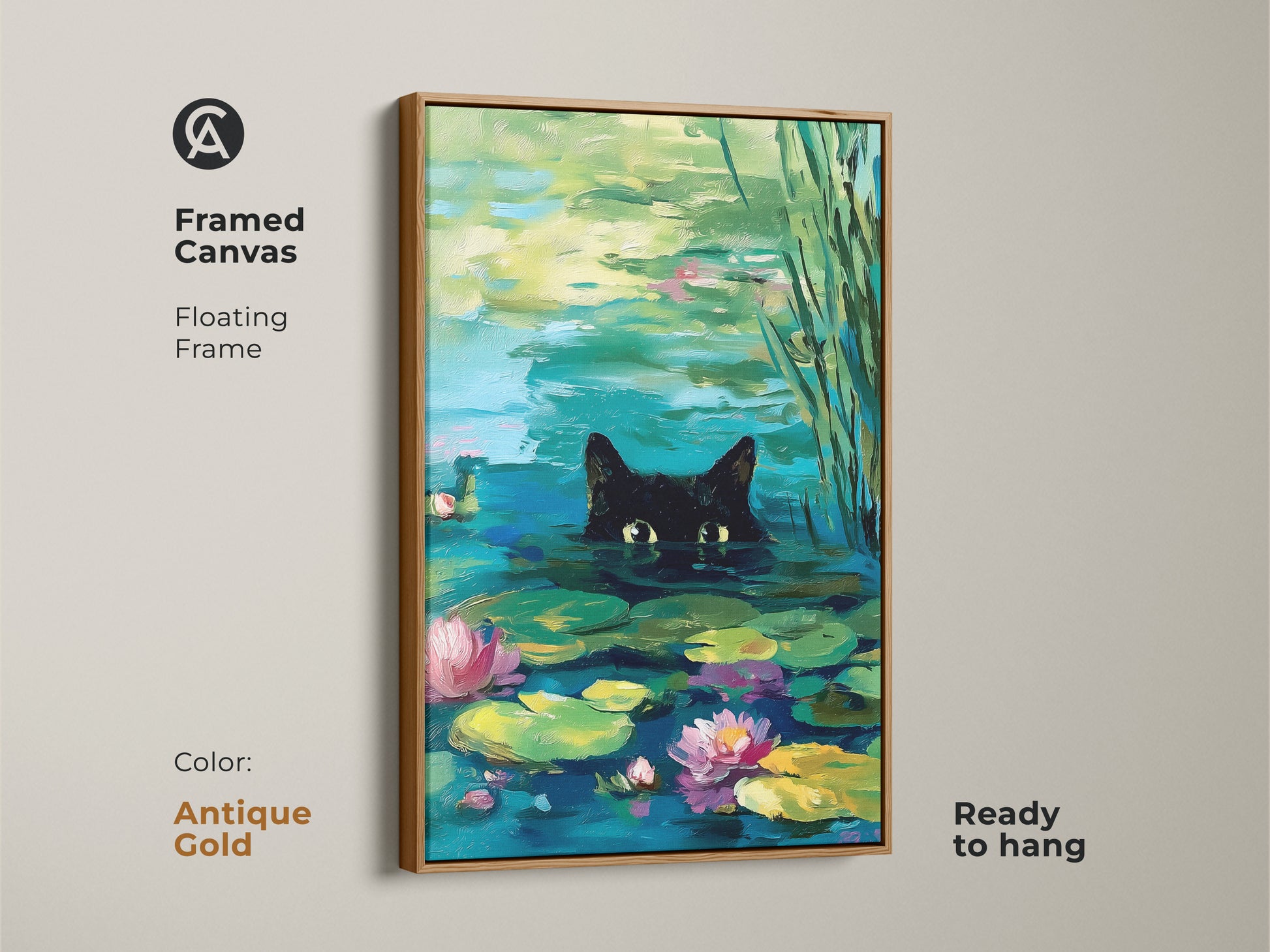 Antique gold framed canvas featuring a black cat in a pond. This floating framed art piece is ready to hang. The artwork showcases a cat surrounded by water lilies. This wall art adds a touch of luxury to your decor.
