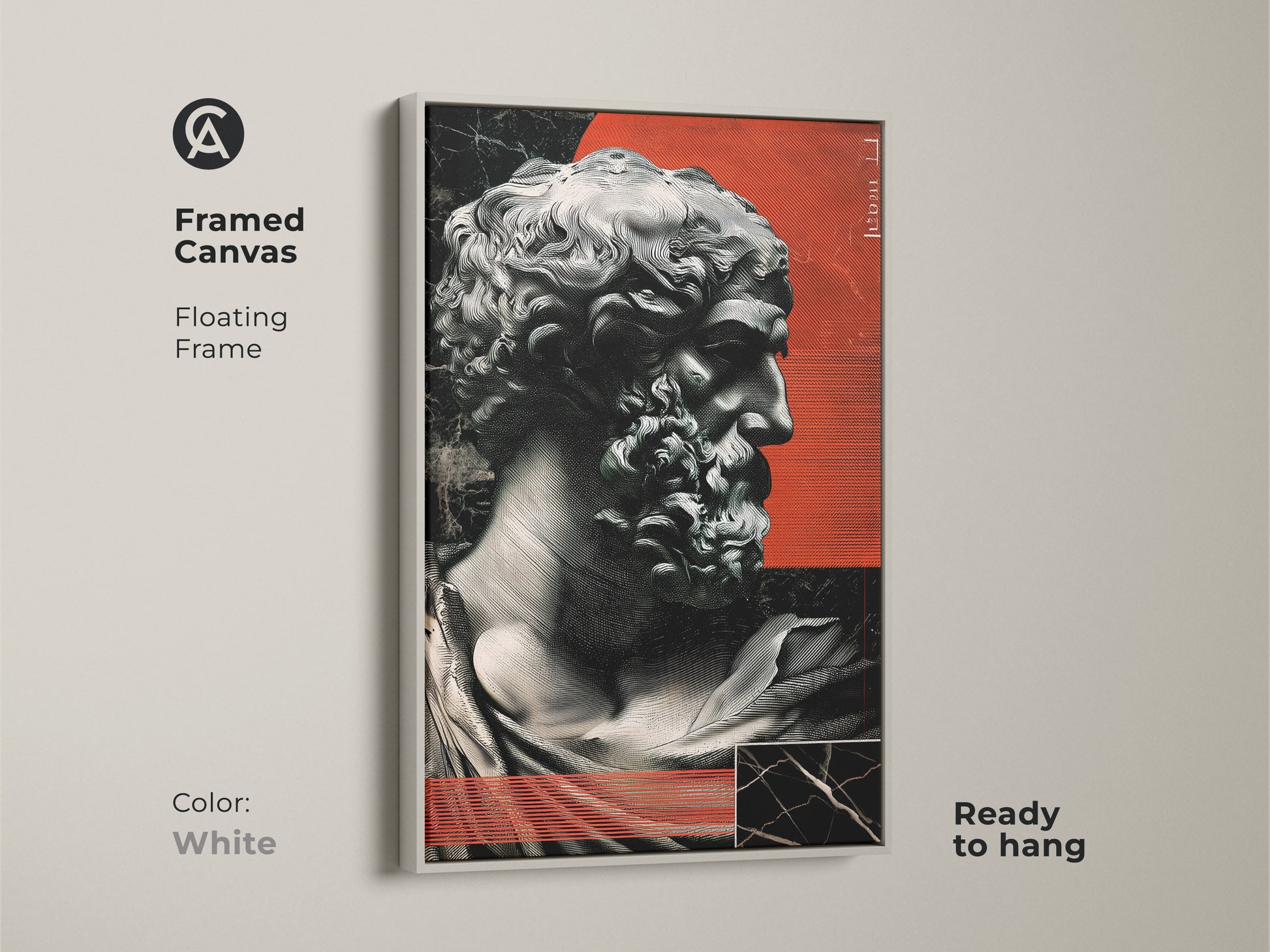 Framed in white this canvas shows red abstract sculpture wall art. The marble bust print offers contemporary classical art. Great wall art for home office or study decor. Modern art gift.