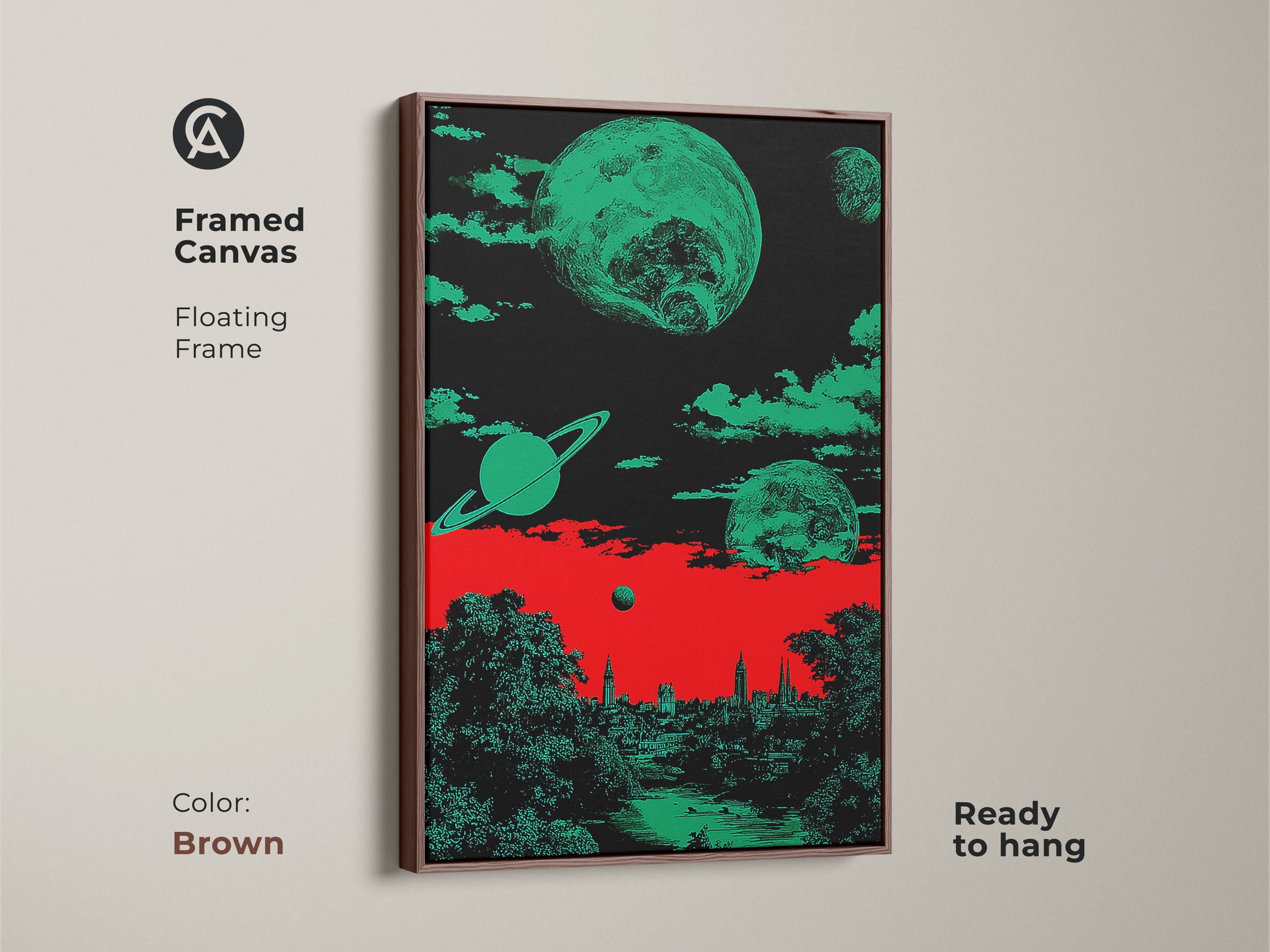 Brown framed canvas art print displaying a retro futurism surreal space cityscape. It features planets and Saturn above a cityscape and nature scene. The color palette includes red green and black shades. This modern eclectic art is perfect for housewarming gift.