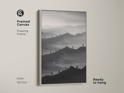 White framed canvas showing surreal mountain waves art. This minimalist people landscape is ideal for modern interiors. The monochrome print is ready to hang. A coastal wave artwork brings a serene touch to your wall.