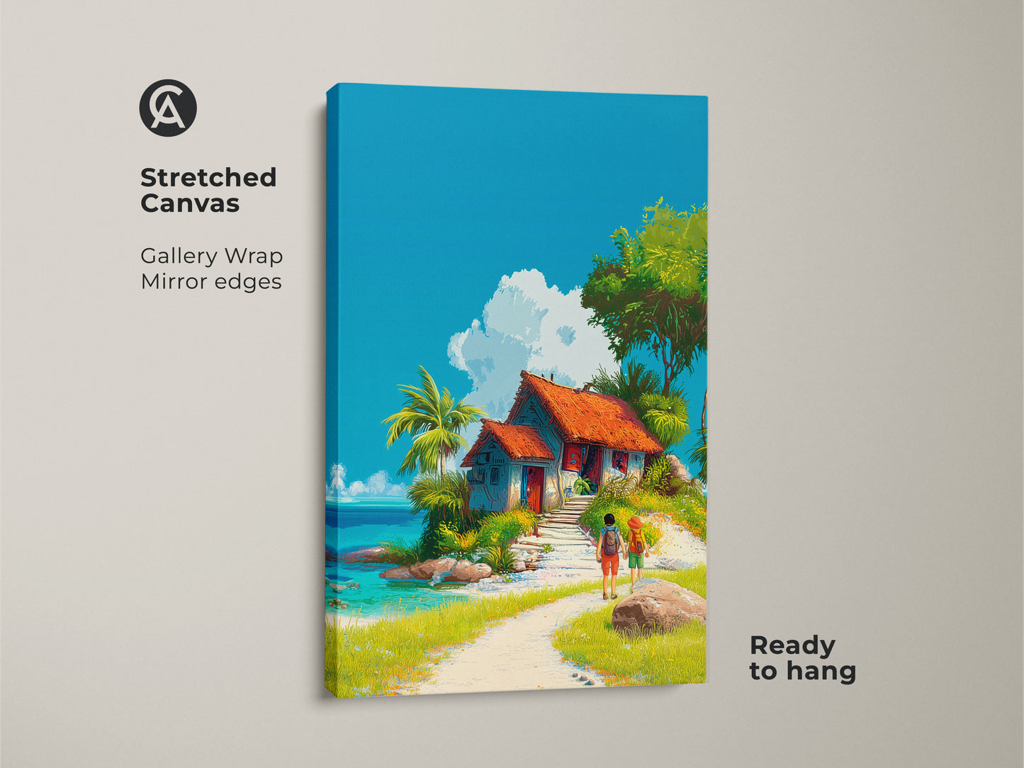 Stretched canvas art depicting a tropical beach house. The artwork showcases bright blues and greens. Two people stroll towards the quaint house. Gallery wrapped with mirrored edges. Ready to hang and adds a peaceful touch to any room.