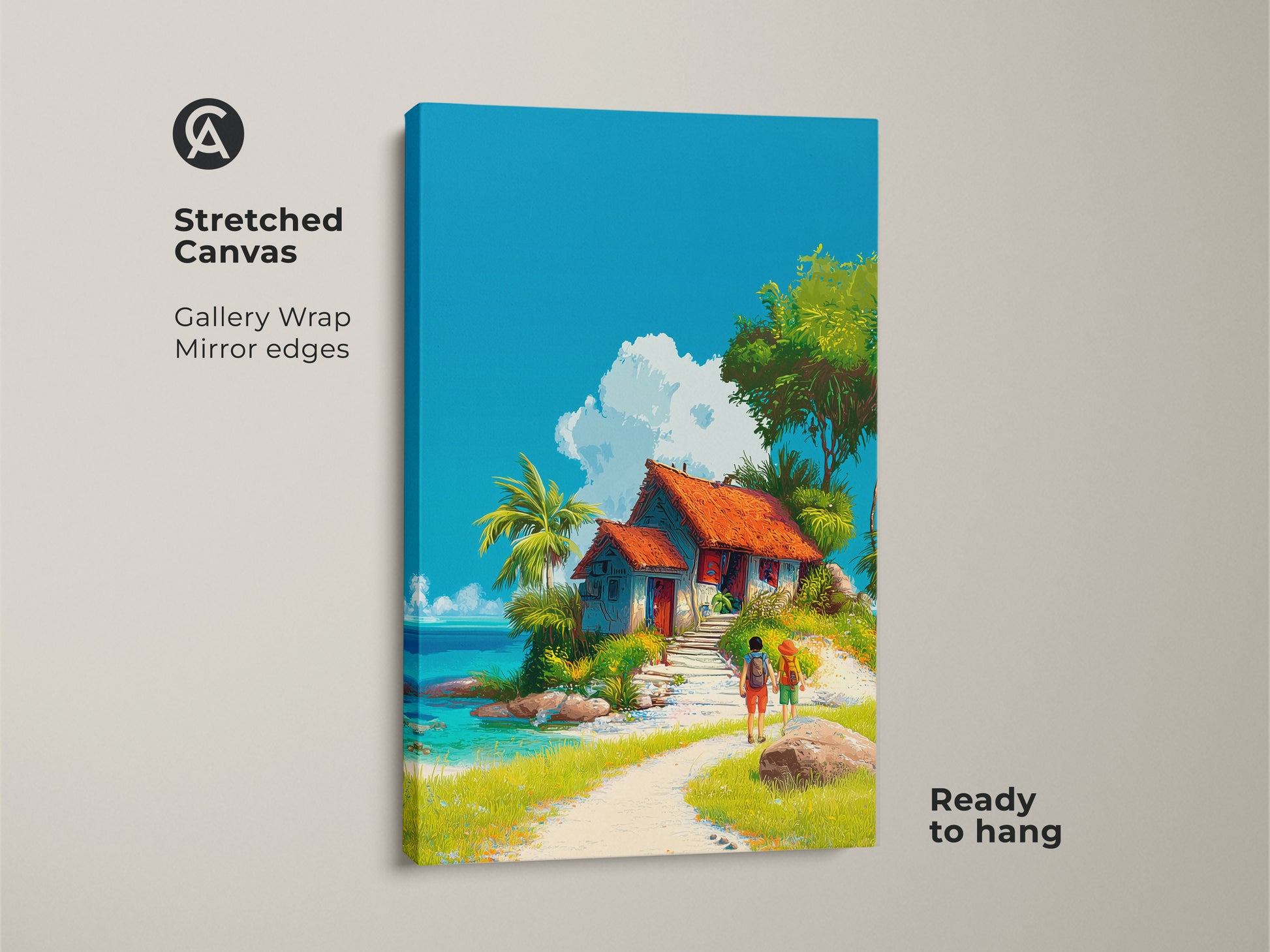 Stretched canvas art depicting a tropical beach house. The artwork showcases bright blues and greens. Two people stroll towards the quaint house. Gallery wrapped with mirrored edges. Ready to hang and adds a peaceful touch to any room.