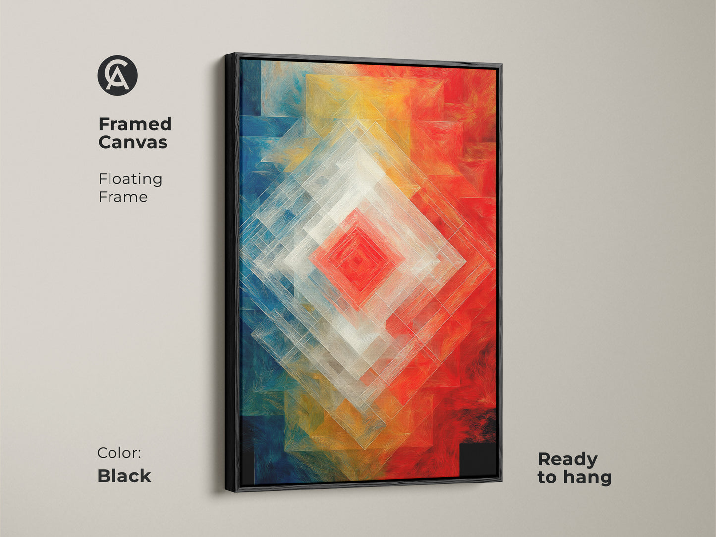 Framed canvas showcasing Geometric Abstract Wall Art. The floating frame is black. Red blue and orange layered diamond shapes art. This modern abstract artwork is ready to hang. Contemporary geometric decor brings a unique touch to your home.