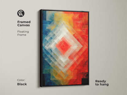 Framed canvas showcasing Geometric Abstract Wall Art. The floating frame is black. Red blue and orange layered diamond shapes art. This modern abstract artwork is ready to hang. Contemporary geometric decor brings a unique touch to your home.