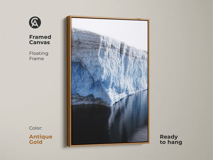 Antique Gold framed canvas with a floating frame. The ice blue glacier is an arctic landscape wall decor. Minimalist nature photography print. Modern home decor art is ready to hang.