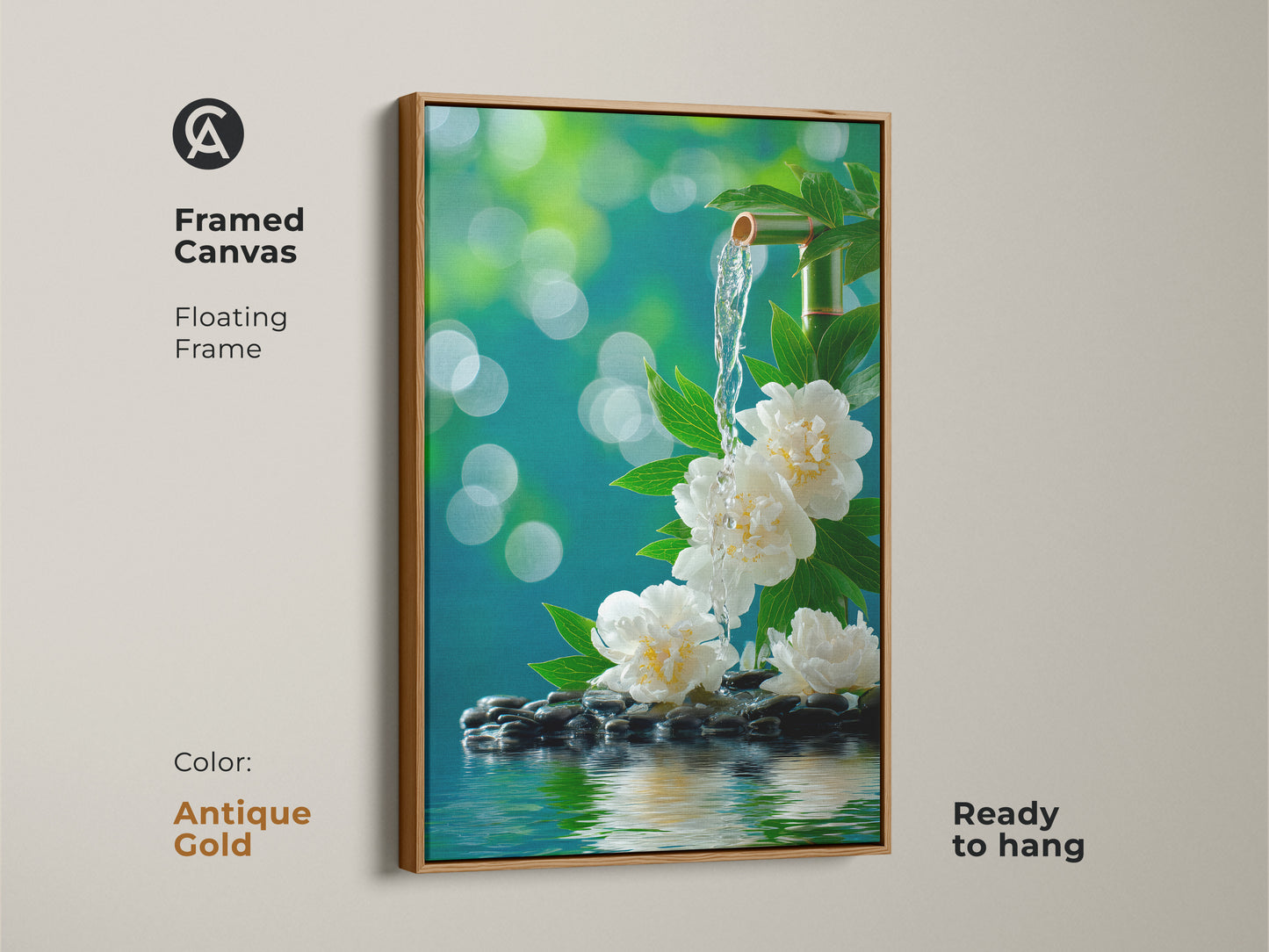 This framed canvas print presents zen artwork with an antique gold floating frame. It's ready to hang and features white peonies a bamboo fountain and water flowing over stones. This framed art enhances your space with a serene aesthetic.