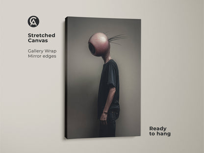 A stretched canvas featuring dark surreal artwork of an alien with an eyeball head. This gallery-wrapped canvas with mirrored edges is ready to hang. It is perfect for adding a touch of eclectic style to any bedroom. Get this unique figurative character canvas now.